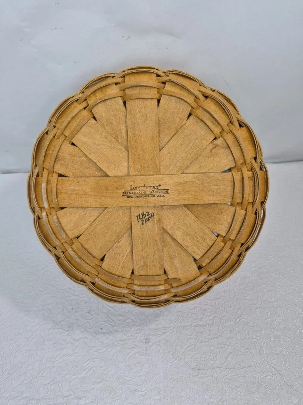 Vtg Longaberger Handmade Fabric Lined Button Wicker Basket Insert Leather Handle